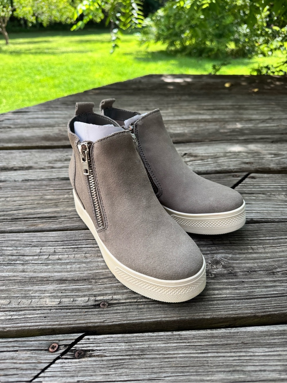 Steve Madden Taupe Suede Wedge Booties with Side Zippers